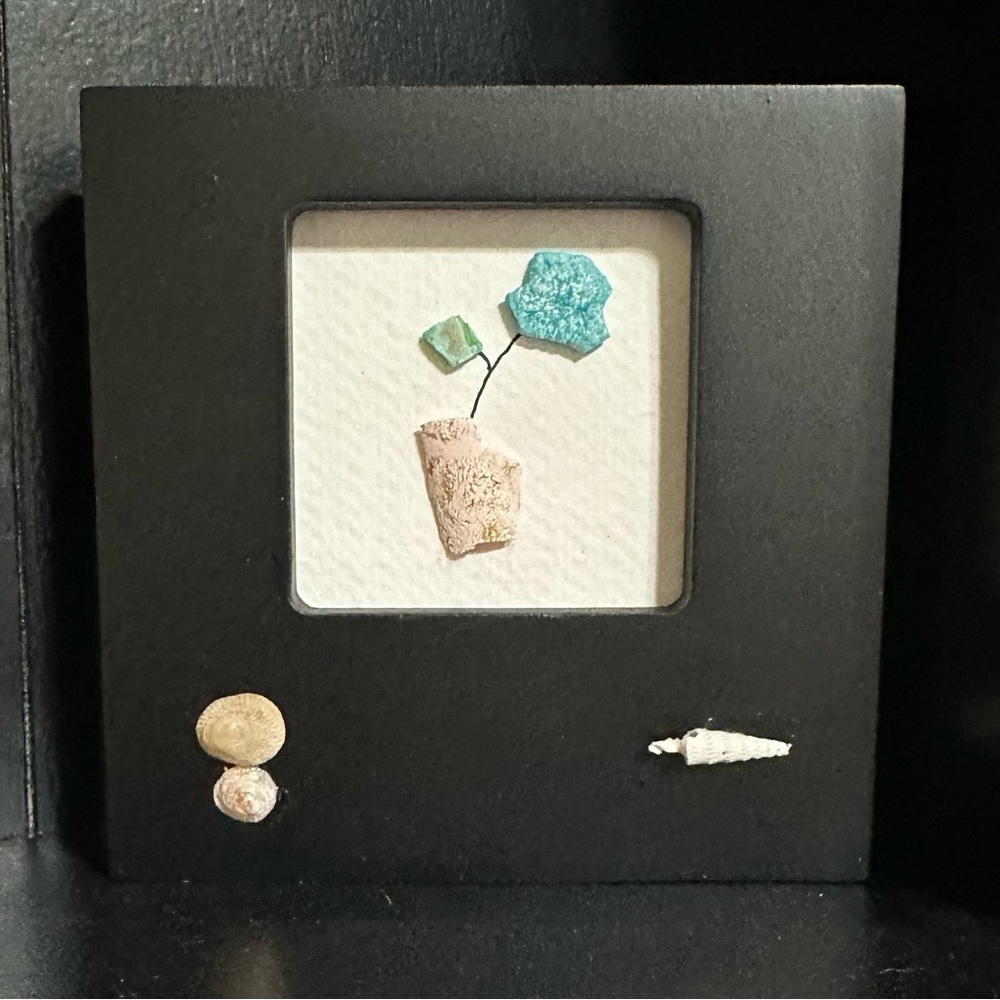 Recycled Art - Blue Flower - one of a Kind. Turquoise, Sand, White